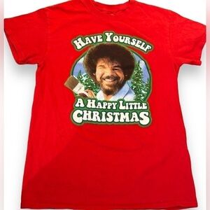 Bob Ross happy little Christmas tee T-shirt casual top trees size small womens S